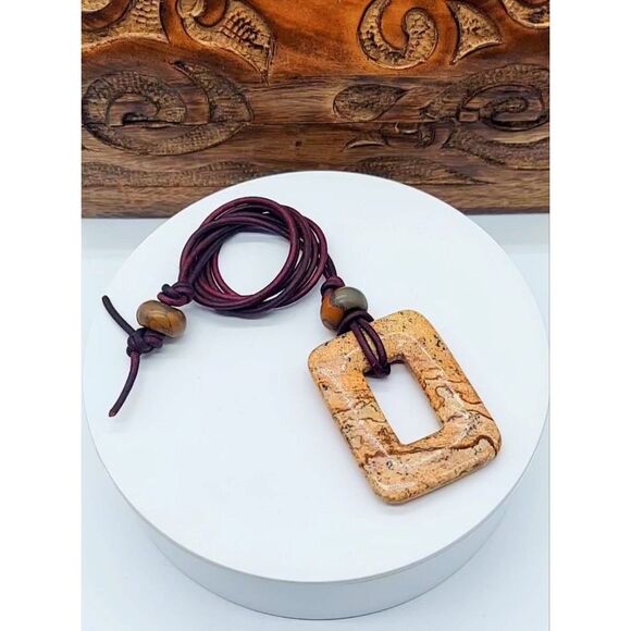 Jewelry - Large Picture Jasper Necklace with Leather Cord Natural Gemstone Pendant